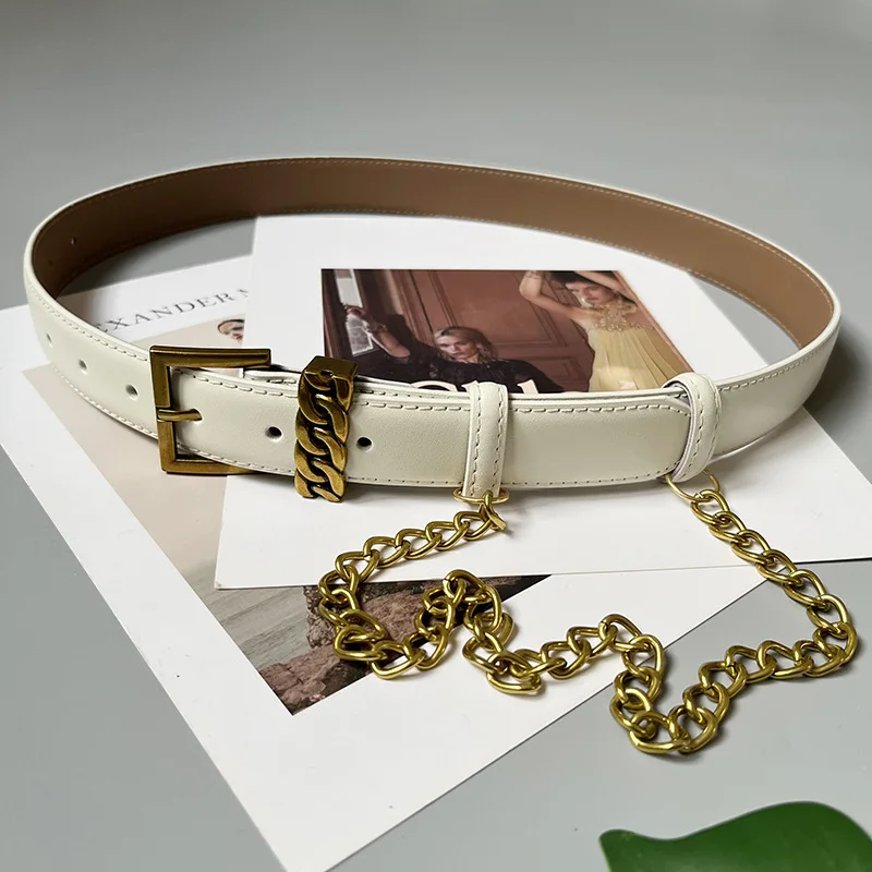 

Women's fashion genuine leather gold chain waist decorative belt with dress casual pants