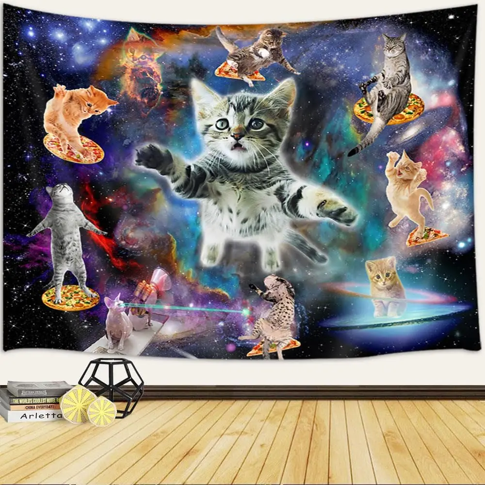 Whimsical Cat Space Galaxy Tapestry Wall Hanging Cosmic Astronomy Stars Decor Artwork for Bedroom Living Room Home Gift