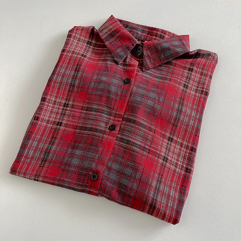 Breezy Plaid Shirt for Women Long Sleeve Ovesized Collared Button-down Blouse Spring Summer Teengirl Boyfriend Casual Outfit