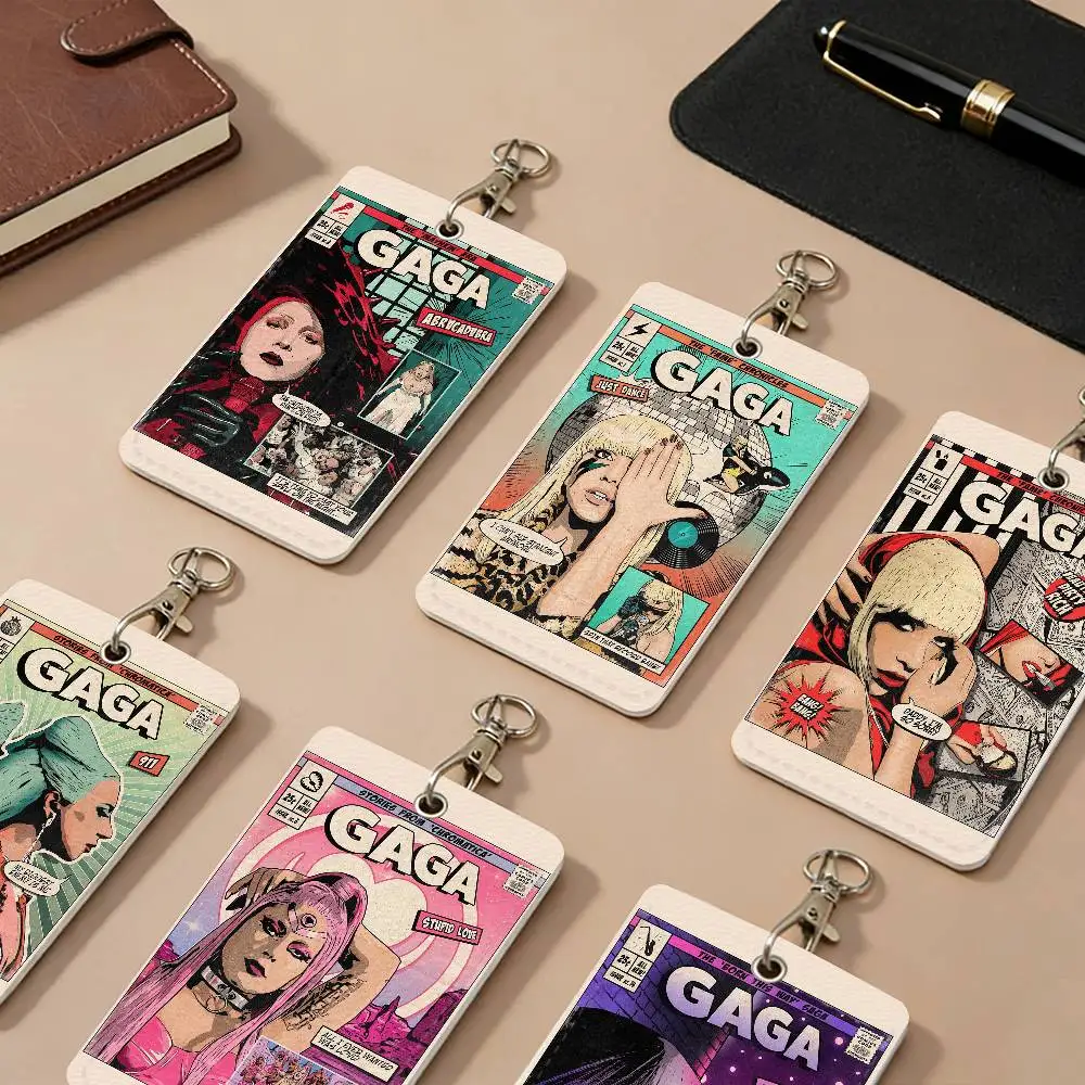 Lady Singer Gaga Retro Comic Style PU Leather Card Holders Anti-lost Protective Cover Cases Campus Access Cards Key Chain