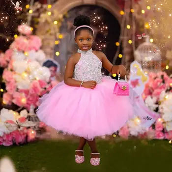 핑크 구슬 소녀 생일 파티 드레스 맞춤형 높은 목 꽃의 소녀 드레스 무릎 길이 아기 결혼식 첫 성찬식 드레스