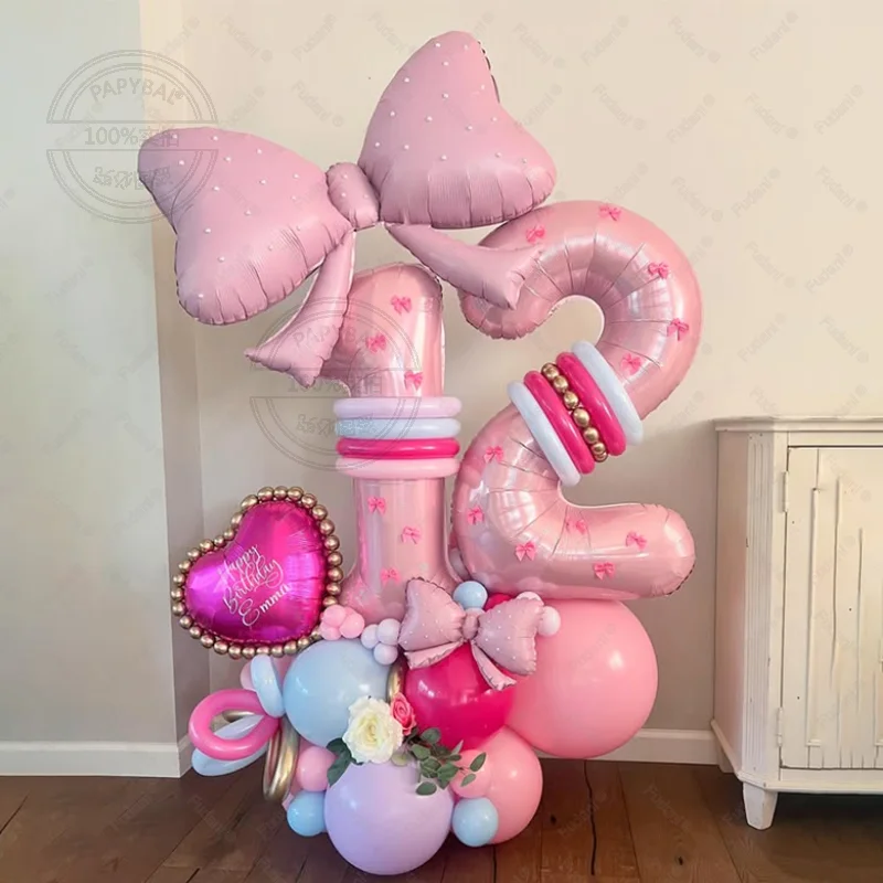 43-teiliges Blumenstrauß-Ballon-Set mit rosa Schleife und 32 Zoll rosa Zahl, Mädchen-Erster Geburtstag, Party-Dekoration, Babyparty, Helium-Globos