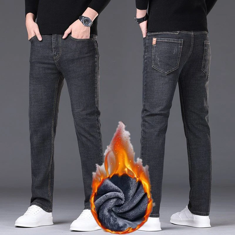 

Новинка 2024 года, мужские зимние теплые плюшевые облегающие прямые джинсы, мужские модные простые повседневные деловые брюки, классические брюки