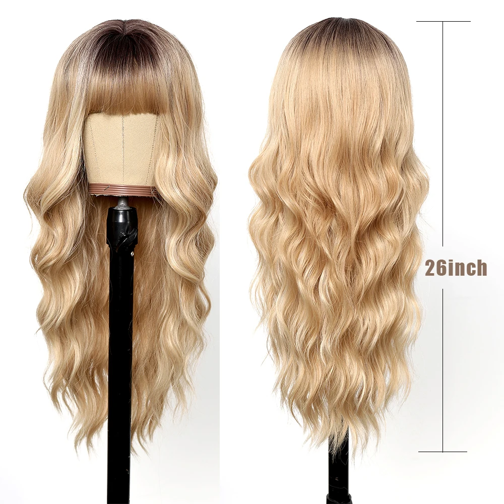 Long Curly Synthetic Wigs Blonde Ombre Water Wave Wigs with Bangs Dark Root Hair for Women Daily Machine Made Wig Heat Resistant