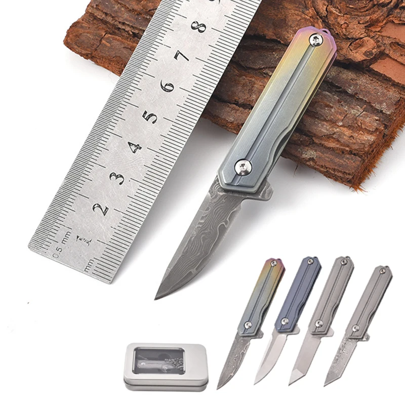 

Mini D2 Damascus Blade TC4 Titanium Folding Knife Keychain Necklace Portable Pocket Knife Outdoor Survival Multifunctional Tool