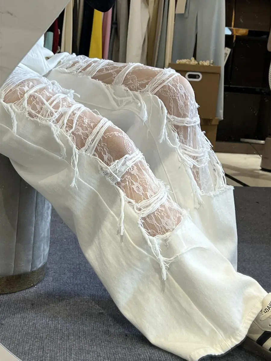 Women's White Distressed Jeans 2025 New Summer Design Slim High Waist Wide Leg Pants with Fringe Lace