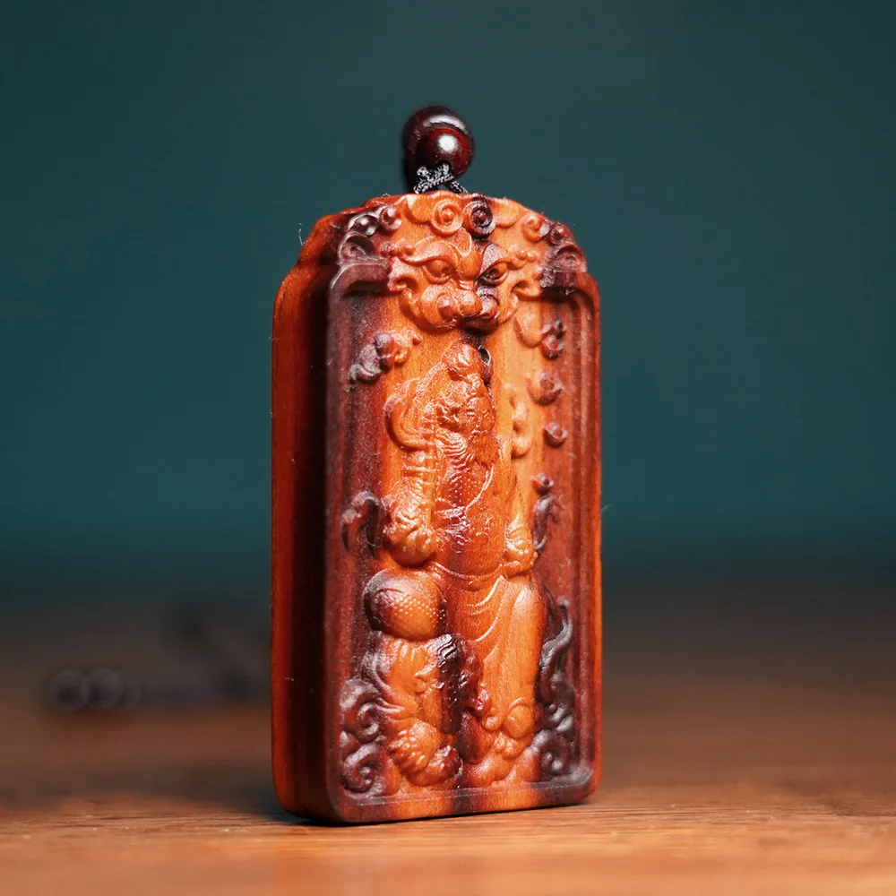 Traditional Chinese Style Hand Carved Natural Thunder Struck Peach Wood Zhao Gongming Wealth God Pendant Lucky Fortune Blessing
