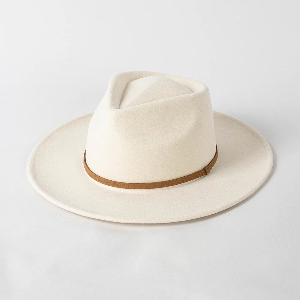 Autumn and Winter New Retro Style pu White Wide Brim Woolen Jazz Hat with Belt Decoration for Outdoor Shopping and Stylish Look