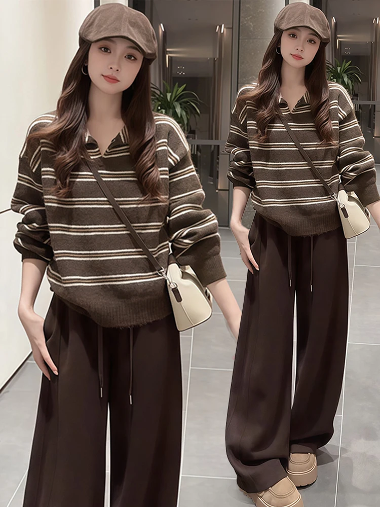 

Ретро-стиль: модный женский осенний повседневный комплект из свитера и брюк с широкими штанинами, дышащий, удобный, из смесового хлопка.