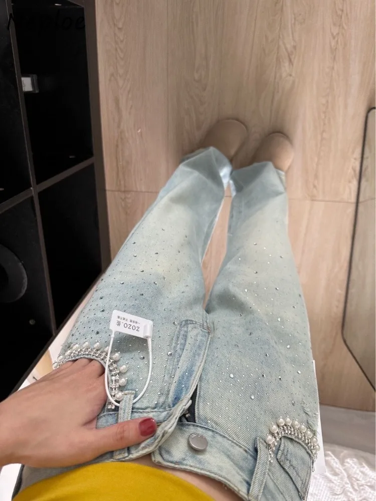 

Neploe Heavy Diamond Washed Loose Jeans for Women Y2k High Waist Blue Denim Pants 2024 Summer New Straight Wide Leg Pants