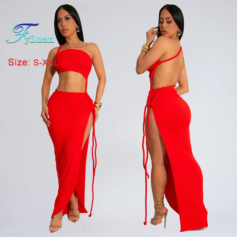 

New Sexy Simple Women's Long Skirt Set Fashion Wrap Chest One Shoulder Strap Side Slit Split Banquet Cocktail Prom Women Outfit