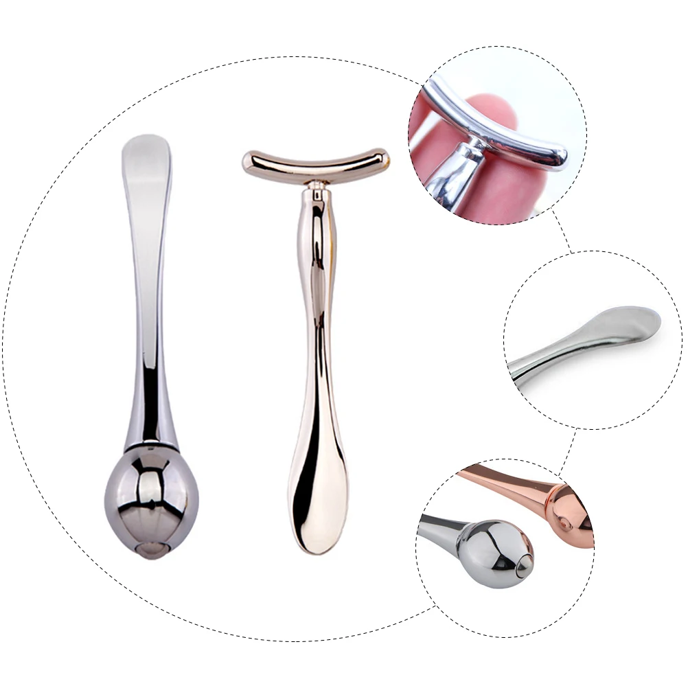 1 مجموعة كريم عين العصي T-شكل أداة تدليك الوجه مزدوجة نهاية المحمولة ملعقة معدنية للعناية بالبشرة روتين العين عصا قناع الوجه #4