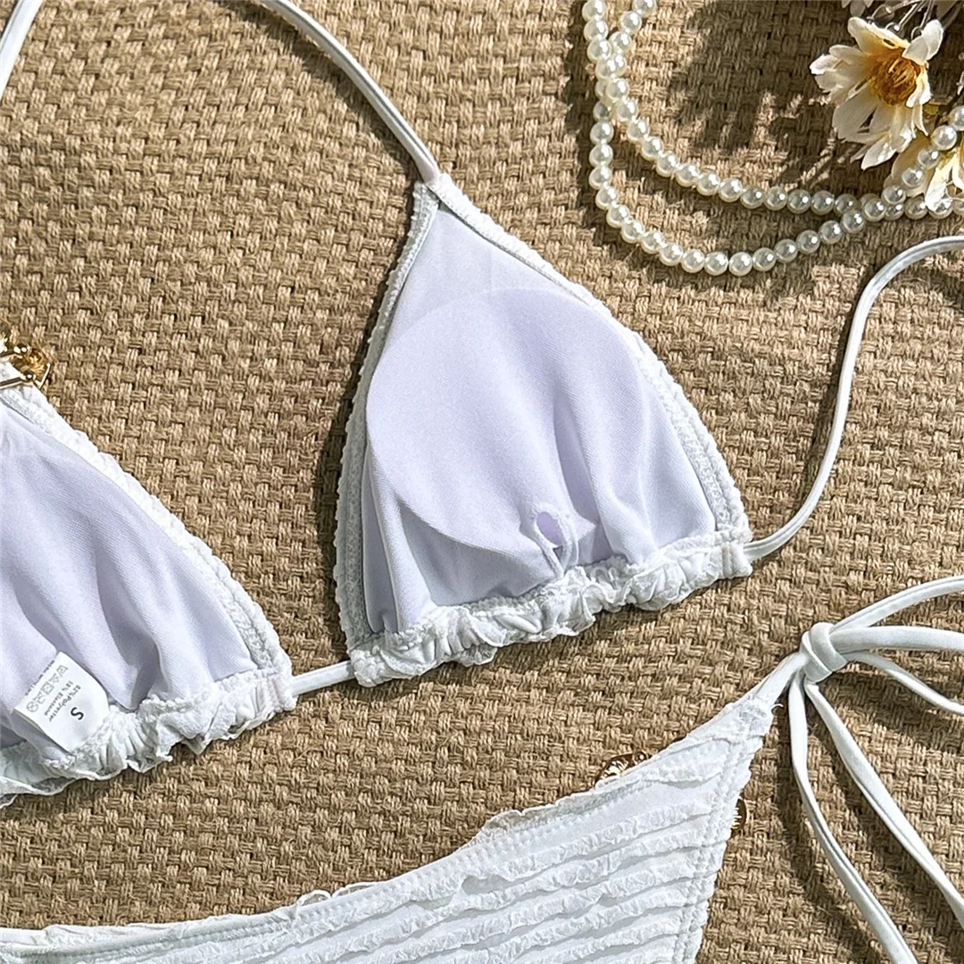 Zweiteiliges Bikini-Set mit Metallblumen-Design, Neckholder-Bikini, Damen-Badeanzug, Damen-Bademode, geraffter, gepolsterter Badeanzug, Badebekleidung, Modell V7478. – Detail 15