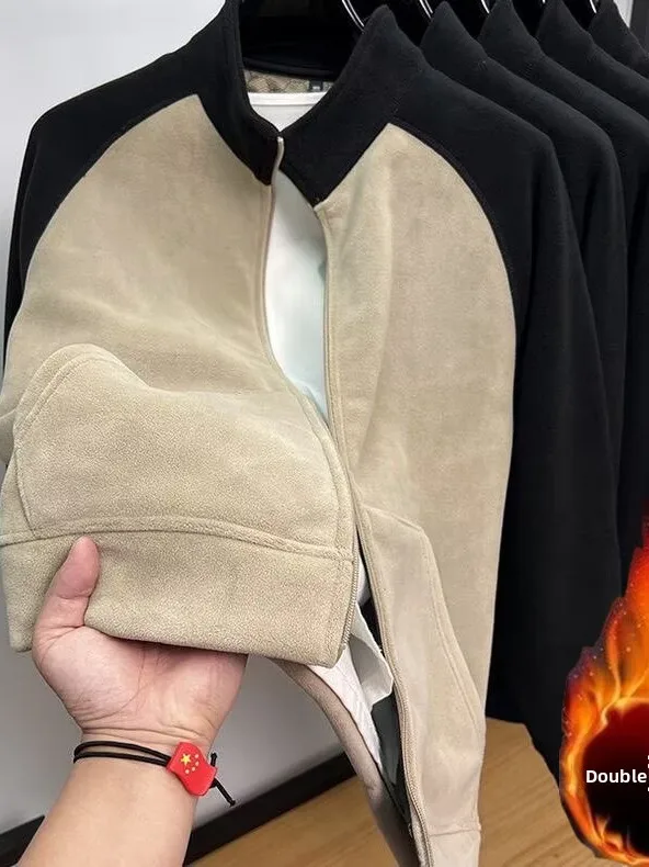 Men's Fleece Lined Thickened Hoodie Cardigan Windproof Warm Outerwear Jacket Shoulder Insert Color Block Outdoor Camping Trav...