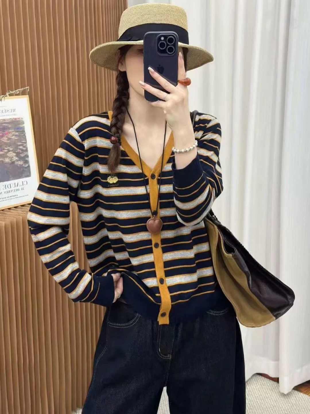 Korean Style V-Neck Long Sleeve Knitted Cardigan Autumn Fashion Pumpkin Embroidery Striped Women's Knitted Sweater Casual Wear