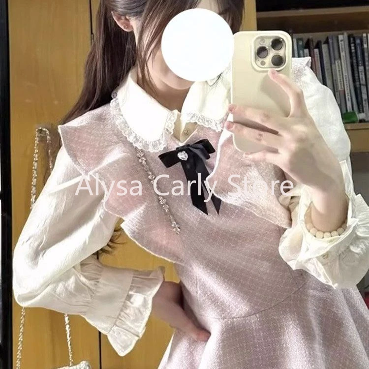 Mini vestido japonés dulce para mujer, camisa con cuello de muñeca de encaje + vestido rosa con lazo de hada, conjunto elegante de vestido de fiesta de cumpleaños a la moda para otoño