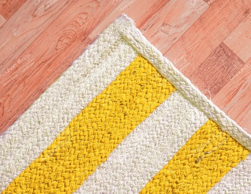 Hand Braided Rectangle Jute Area Rug White Jute Rug with Yellow Striped Line