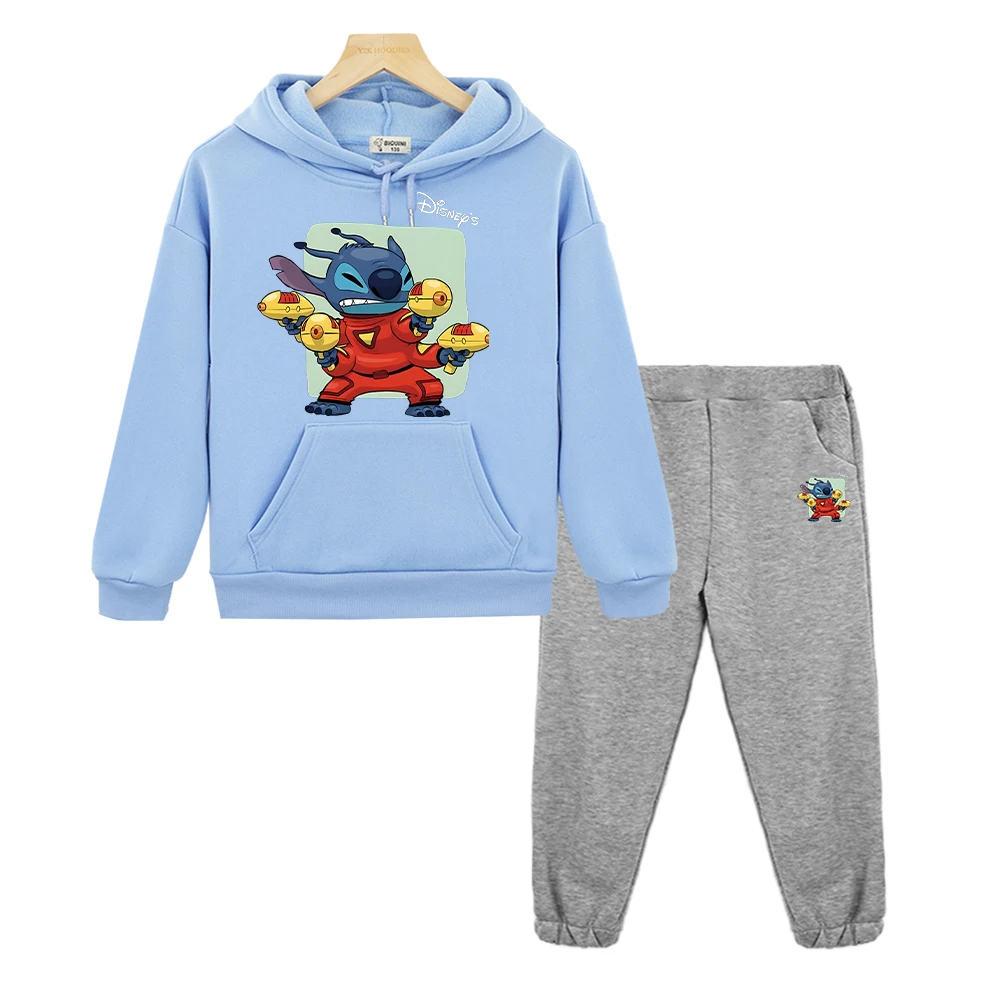 Stitch Anime hoodie kaus bulu domba olahraga anak laki-laki perempuan set bertudung olahraga Disney kasual 2 potong pullover + Celana Jaket pakaian butik anak-anak