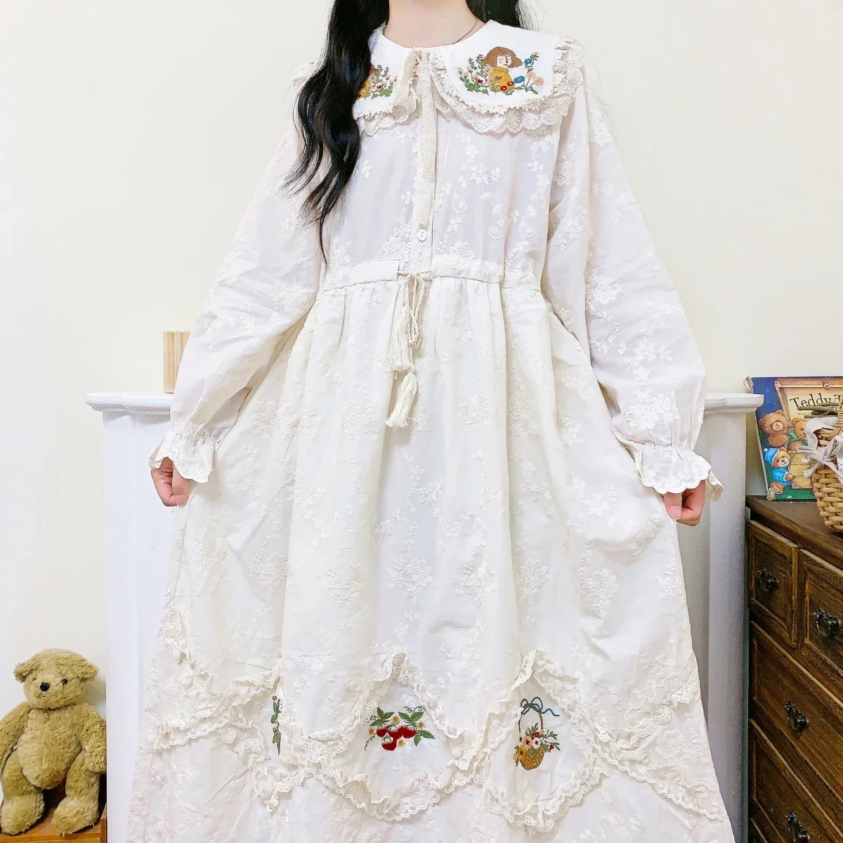 Women Cotton Ruffled Lace Cottagecore Evening Long White Dress Vintage Retro Chic Victorian Rococo Harajuku Birthday Midi Dress