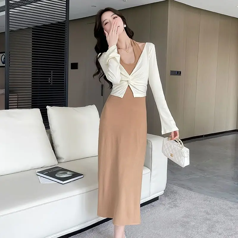 Autumn 2PCS Sexy Halter Backless Dress Twisted Sunscreen Shirt for Women Korean Slim Fit and Slimming Temperament Elegant Dress