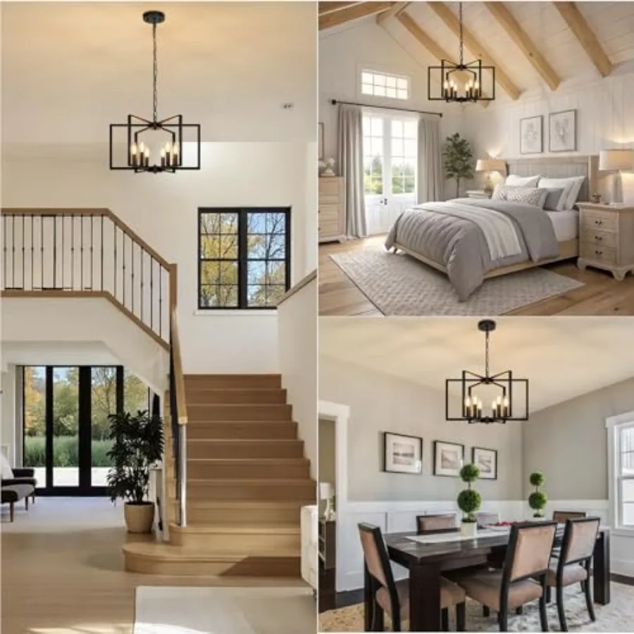 Farmhouse Chandelier, 6 Light Geometric Dining Room Light Fixture, Modern Industrial Metal Ceiling Light Rustic Hanging Pendant view 6