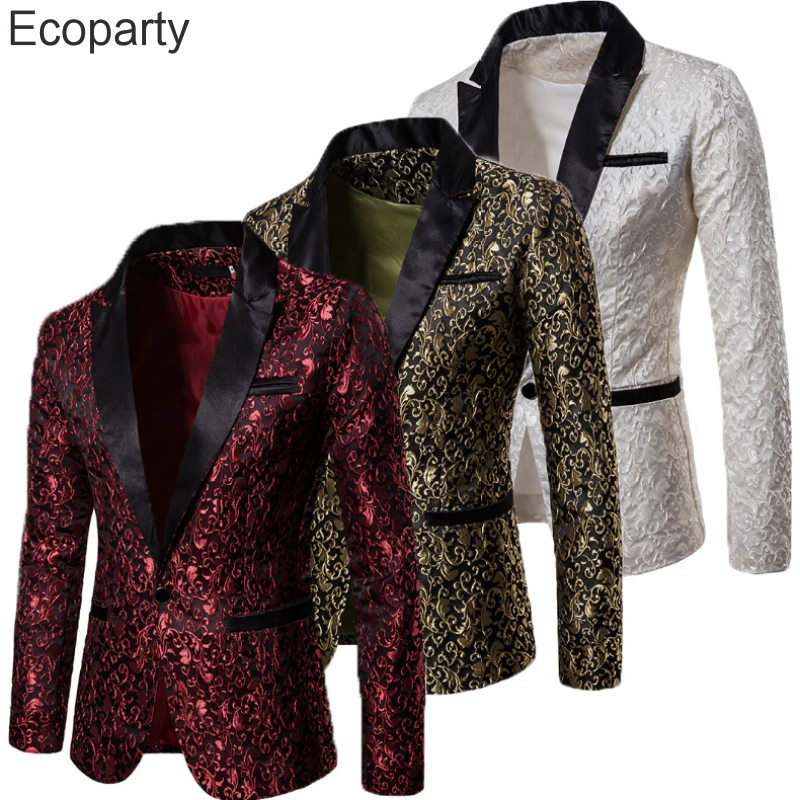 Men Gold Jacquard Blazer Suit Bronzing Floral Single Button Long Sleeved Jacket Fashion Wedding Dress Party Stage Singer Costume