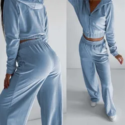 Women 2 Piece Set Cotton Tracksuit Set Long Sleeve Hooded Zip Up Crop Top Elastic High Waist Loose Pants Workout Female Outfits