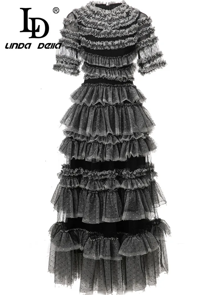 

LD LINDA DELLA 2023 Summer Fashion Designer Pretty Dress Women's Two-tone Cascading Ruffle Splice Netting Slim Fit Long Dress