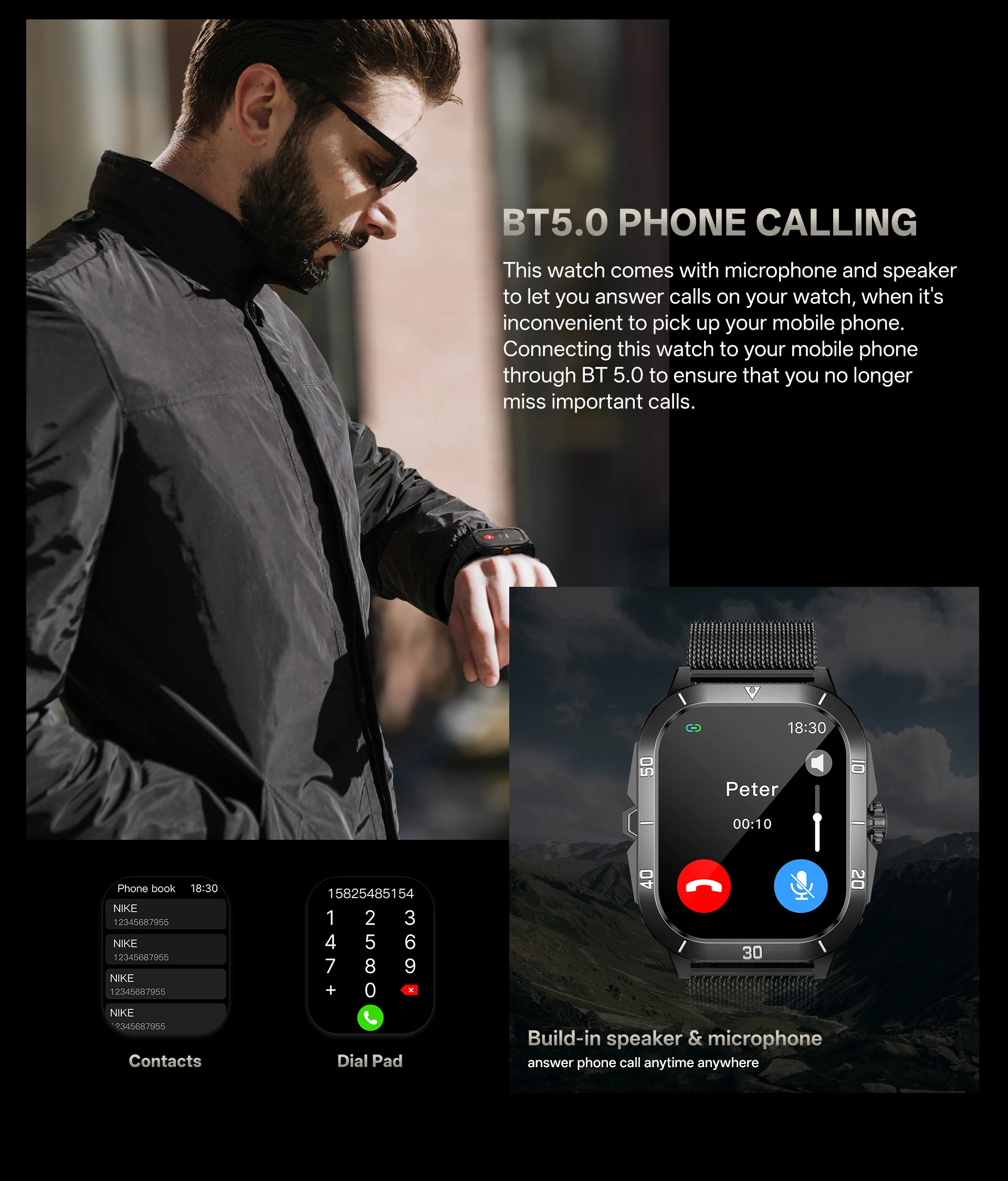 2025 جديد ساعة ذكية للرجال في الهواء الطلق ثلاثة دليل على 24 ساعة حماية الصحة مقاوم للماء طويل التحمل بلوتوث دعوة ساعة رياضية