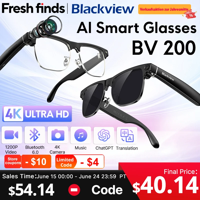 【Estreia mundial】Óculos inteligentes Blackview BV200 com câmera 8MP 4K HD, chamada Bluetooth, assistente de voz e tradução por IA