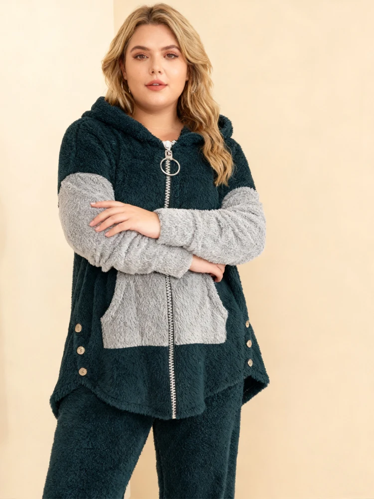 Conjunto de suéter cálido y contrastante de talla grande a la venta, cárdigan con capucha y cremallera, pantalones largos con cordón y puños elásticos