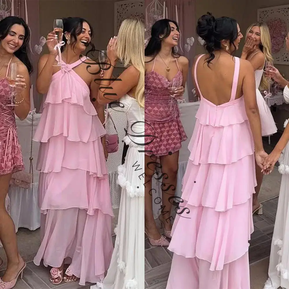 

customized Strapless Flower Tiered Backless Sleeveless Ankle Length Robe Pour Mariage Invité فساتين حفلات التخر