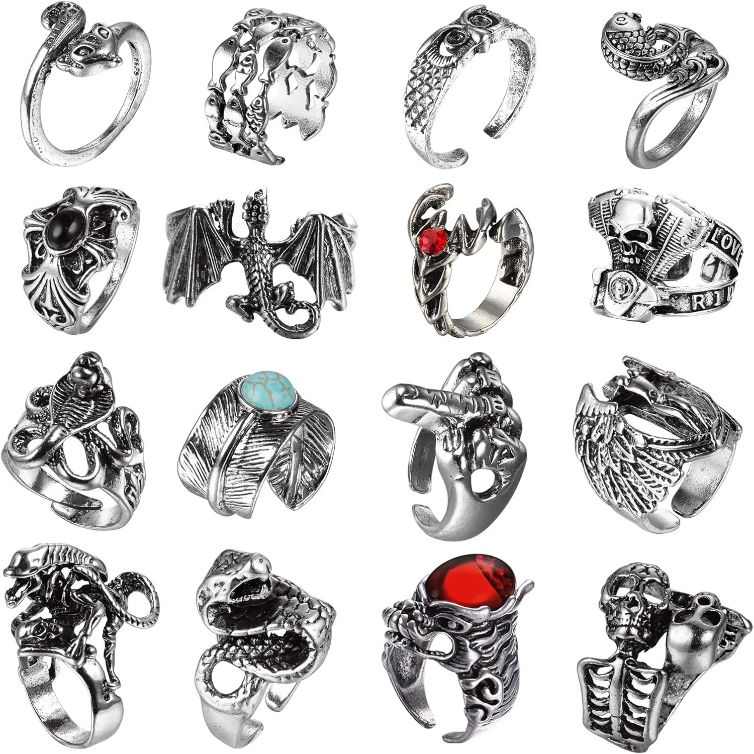 

Bobisty 16Pcs Vintage Punk Rings for Men Women Gothic Open Ring Adjustable Rings Set Stackable Y2K Finger Ring Halloween