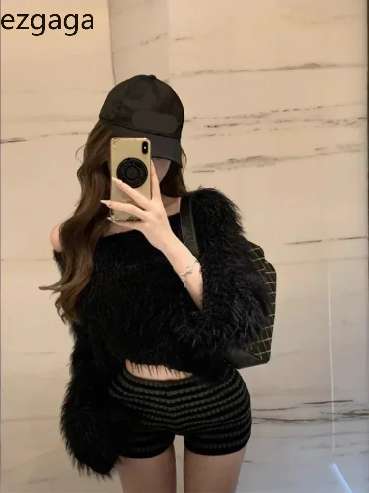 Ezgaga Cropped Sweater Women Diagonal Collar Off Shoulder Solid Loose Autumn French Style Chic Elegant Pullover Ladies Sexy