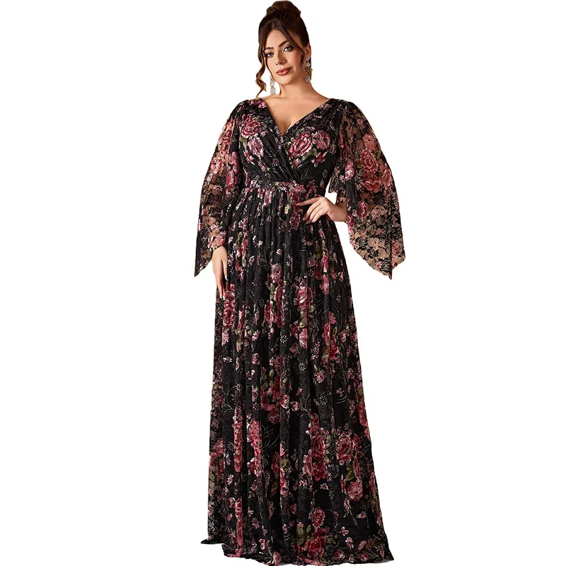 เดรสลายดอกไม้พิมพ์ลายดอกไม้ฤดูใบไม้ผลิสำหรับสาวอวบ ทรงหลวม แฟชั่น แขนยาว คอวี เปิดหลัง