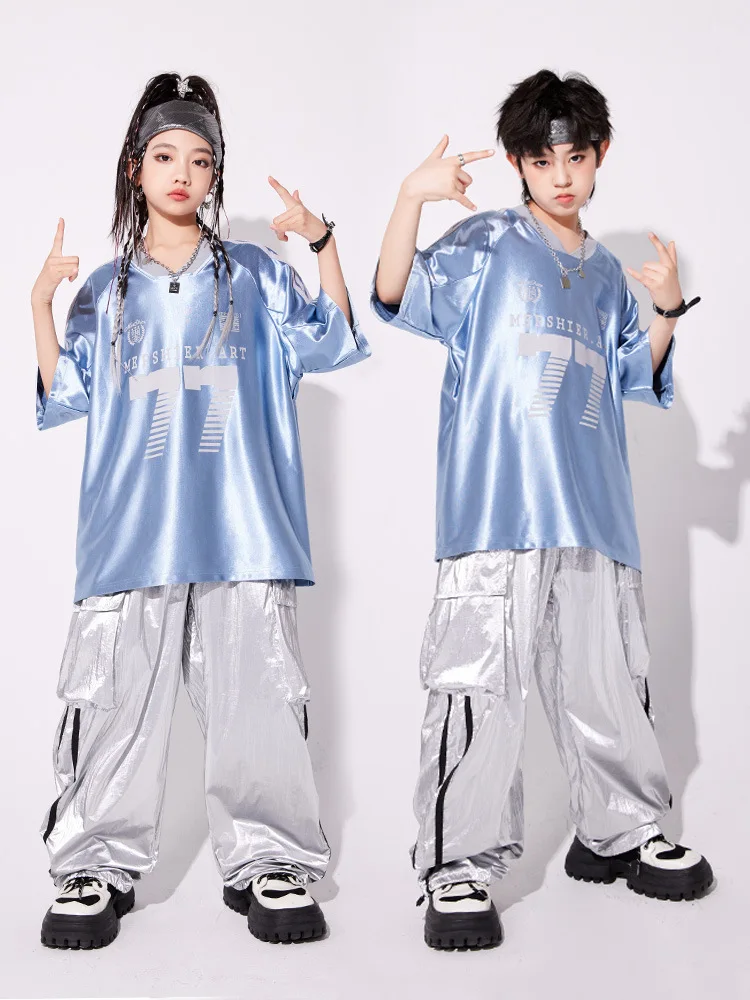 키즈 힙합 실버 운동복 스트리트 댄스 반짝 이는 카고 바지 소녀 K-pop streetwear 키즈 재즈 의류 세트 어린이 무대 의상