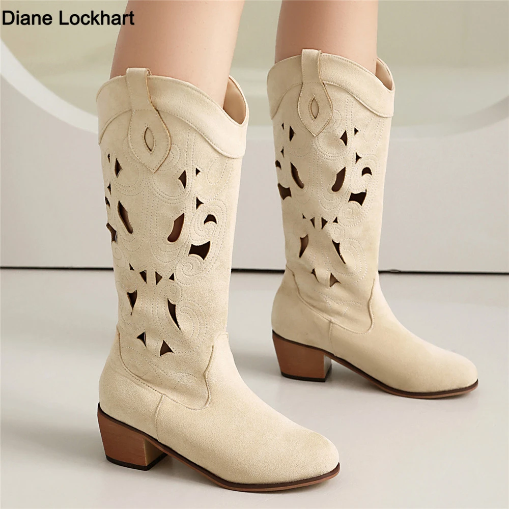 

Summer Women Mid-Calf Boots Heels Hollow Cowboy Western Boots for Women Spring Autumn Fashion Faux Suede Botas Mujer Beige Black