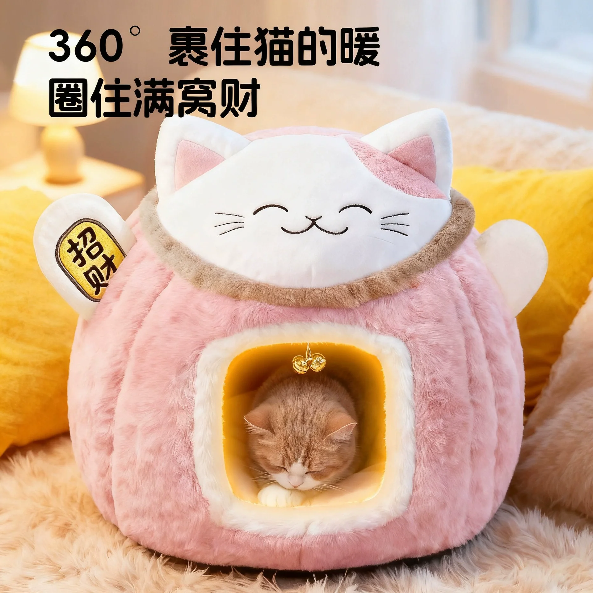 Winter Insulated Enclosed Flocked Round Pet Bed for Cats and Dogs Fashion Cat Nest Wholesale Cartoon Cat Bed - view 3