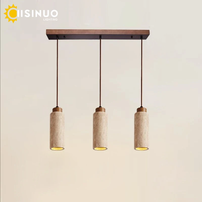 Wabi Sabi Yellow Travertine Stone Pendant Light Hanging Dining Room Chandelier Long Tube Wooden Decor Droplight for Home Bedroom