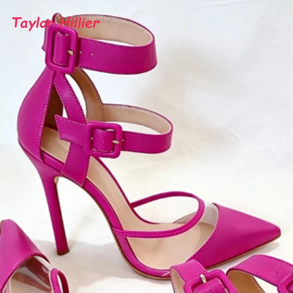 Dual Buckle Ankle Strap Transparent Sandals Pointed Toe Thin Heel Women Wedding Trendy Evening Daily Party Fashion Dress Shoes
