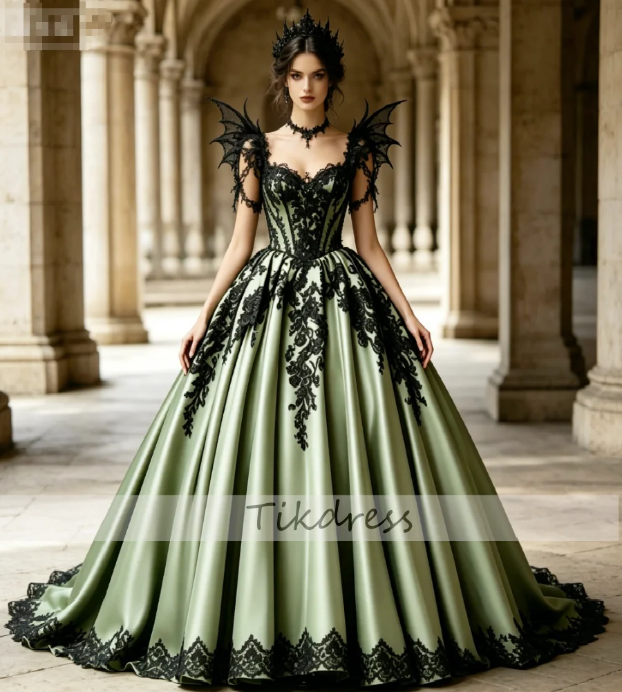 Gothic Olive Green Ball Gown Wedding Dress 2026 Black Lace Appliques Off Shoulder Victorian Vampire Medieval Bridal Dresses
