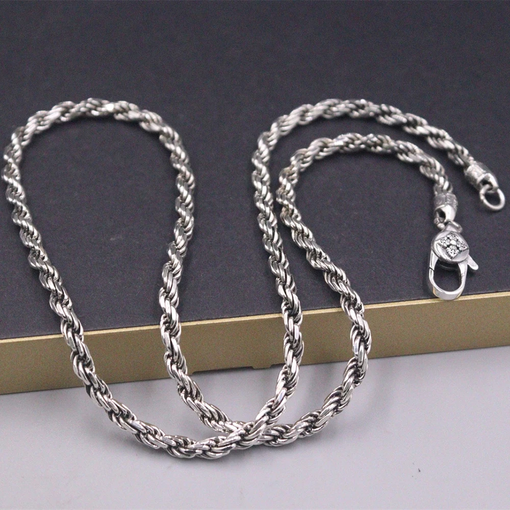 Pure S925 Sterling Silver 4mmW Twist Rope Chain Women Men's Necklace 22inch 33-34g