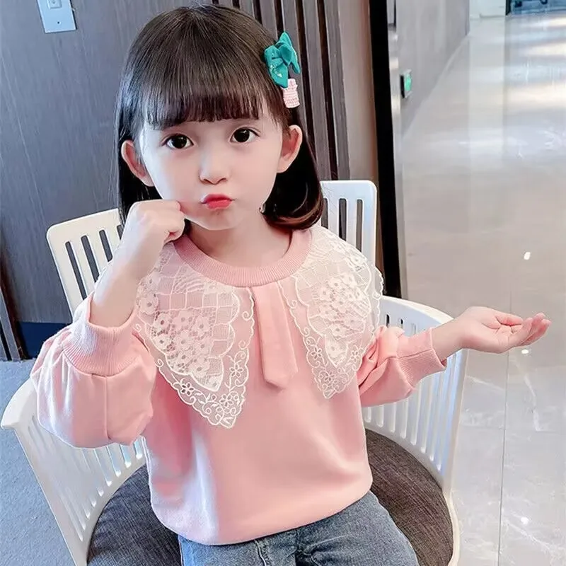 

Girls' Lace Sweater Autumn New Fashionable Children's T-shirt Baby Spring and Autumn Cotton Long Sleeve Top