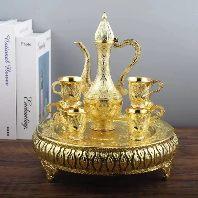 cross-border Decoration Home  Cast Iron Coffee Tea Set Inter Crystal Stone with Teapot Tray and  6 Cups