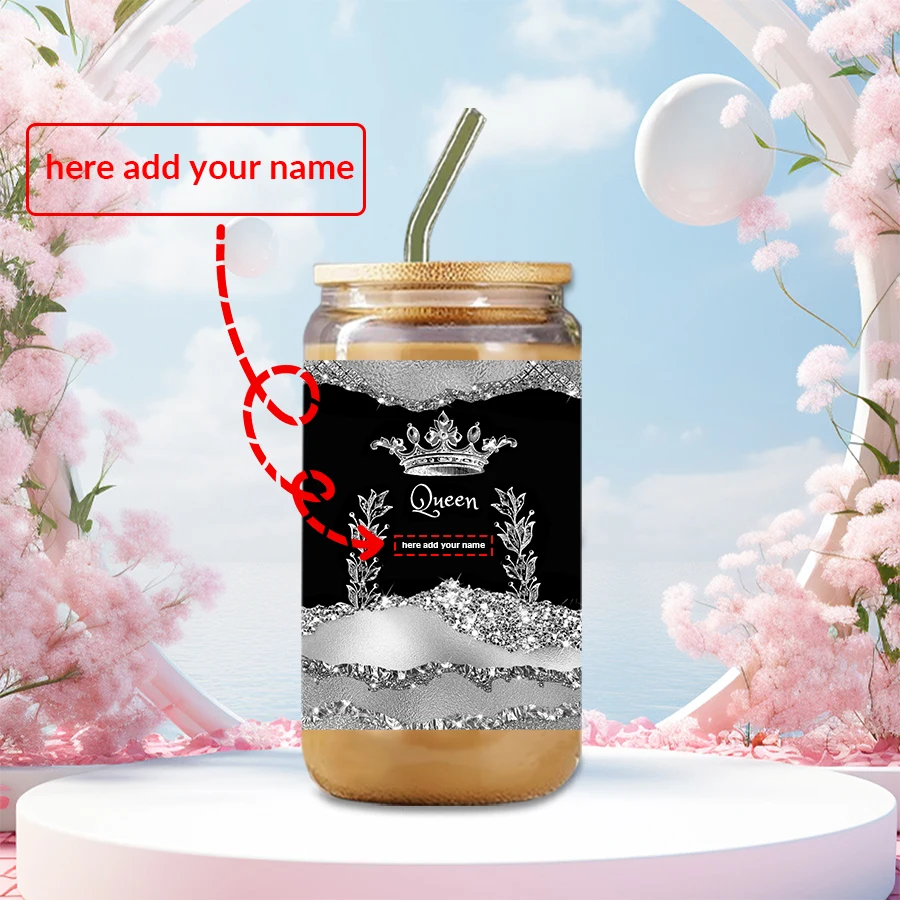 16oz Customized Name 3D Print Crystal Queen Crown Water Cups with Straw Lid Family Festive Drink Tumblers Gifts for Girlfriend