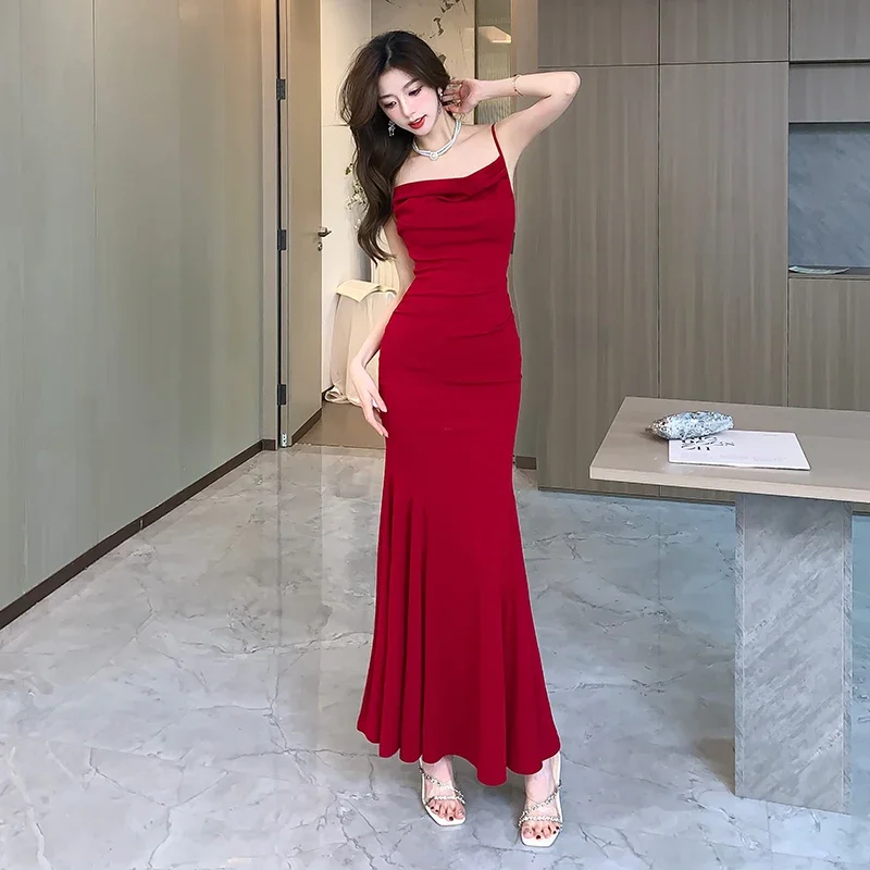 Fashion Red Slip Evening Hip Wrap Dresses Women's Summer Sexy Long Maxi Cocktail Prom Dress