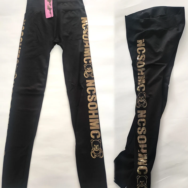 Black Gold Letter Bear Sequin Women\'s Leggings Pants High Waist Elastic Black Bottoms Pencil Trousers