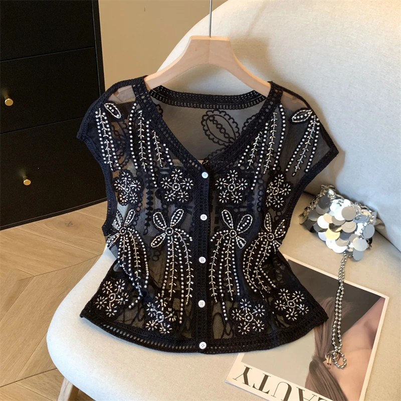 

Summer Women Clothing Short Sleeve Casual Shirt Hollow Out Crochet Blouse Single Breasted Embroidery Tops