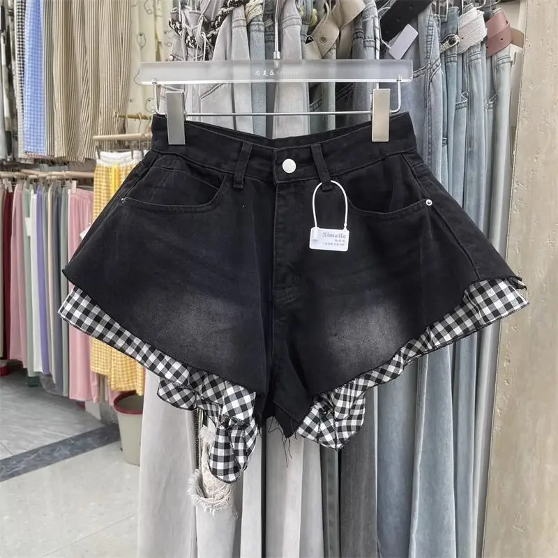 

Plaid Splicing A-word Denim Shorts 2025 Autumn New Spice Girl Wide Feet Hot Pants Umbrella Culottes Jeans