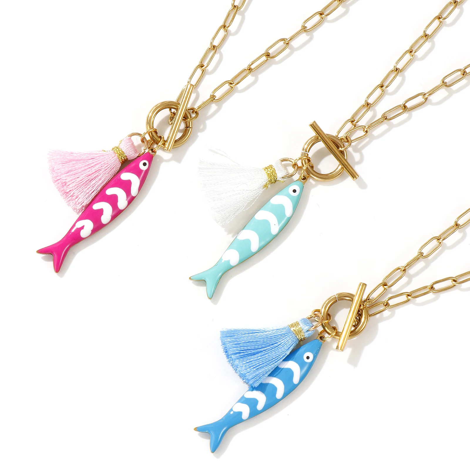 304 Stainless Steel Fish Pendant Charm Necklace 18K Gold Plated Paperclip Link Chain Tassel Double-sided Enamel Ocean Jewelry